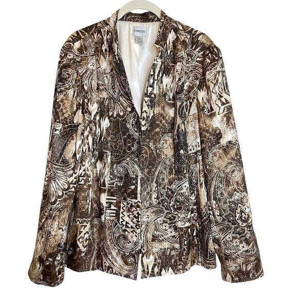 Chicos Womens Jacket Size 2 US L Brown Black Abstract Paisley Silk Blend Blazer - Picture 1 of 6